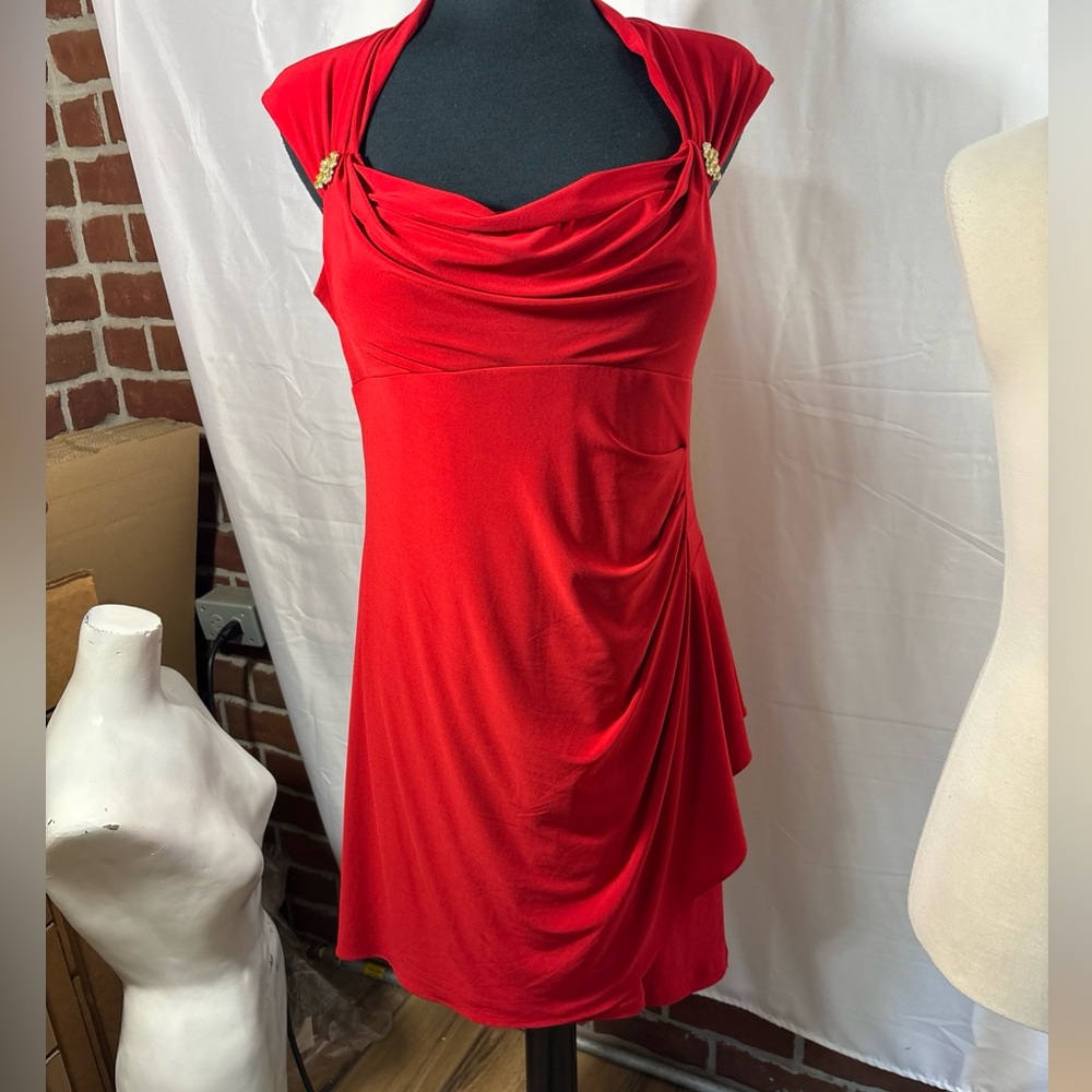 Scarlett Red Dress 👗 with Draped Design, Rhinestones size 16 Stretch Sexy short